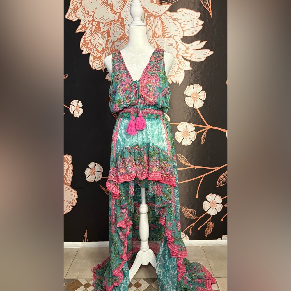 ROMANTIC Italian Green Pink Sequin Embroidered High Low Resort Maxi Dress